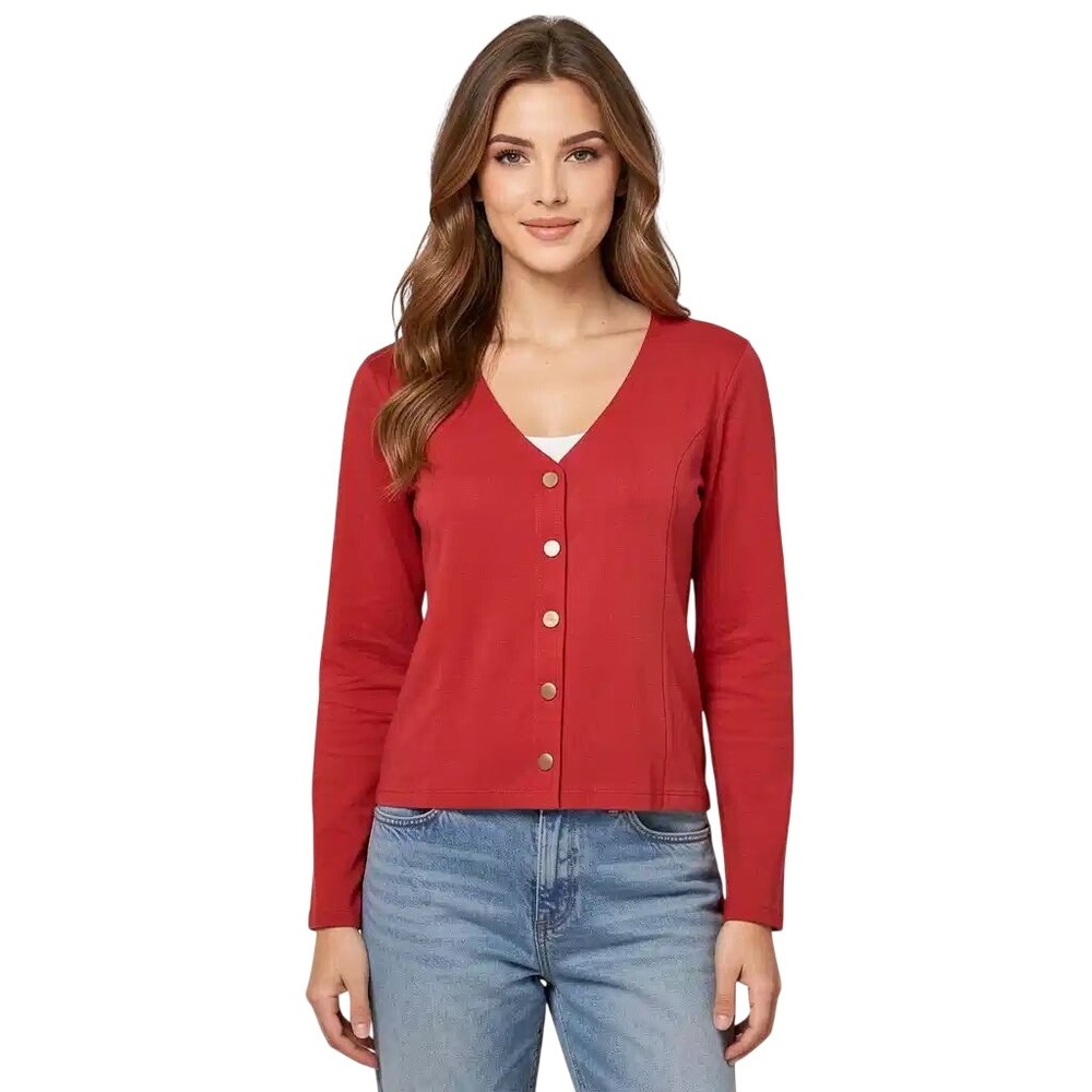 LOFT Womens Red V-Neck Button Front Cardigan Cotton Knit Top Size Md NWT